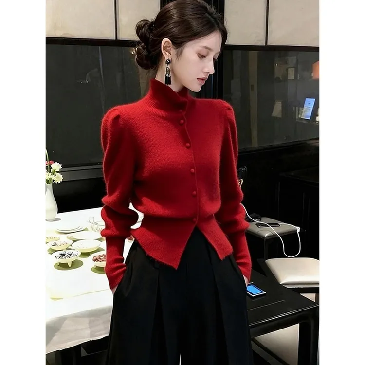秋季掐腰高领毛衣巨好看内搭高端轻熟气质法式小香风红色针织衫女