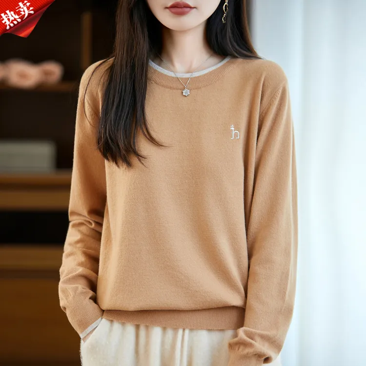哥弟阿玛施正品秋冬时尚女装刺绣长袖圆领针织衫百搭内搭打底衫