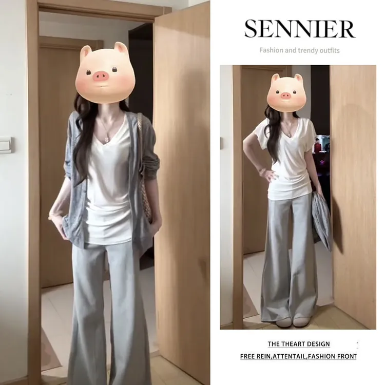 2025夏季新款慵懒风宽松长袖针织开衫V领短袖T恤显瘦阔腿裤三件套