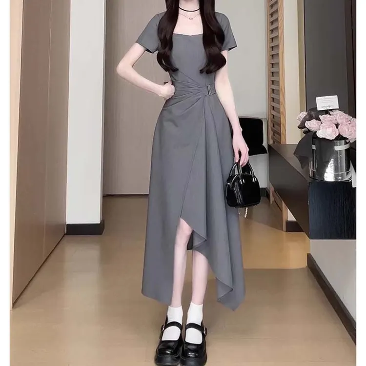 夏季新款一片式掐腰裙不规则设计感长裙通勤黑色连衣裙女D2415