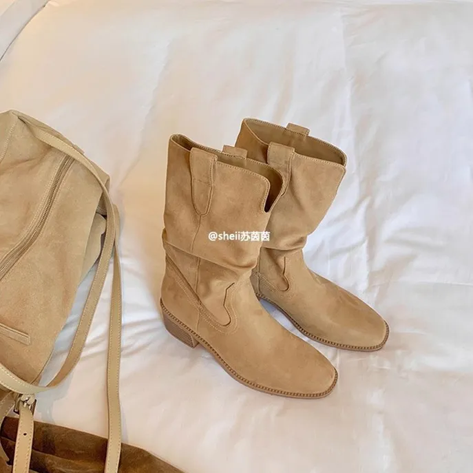 牛皮版~秋冬内增高长筒靴女款绒面中筒靴秋冬卡其色女款中筒靴