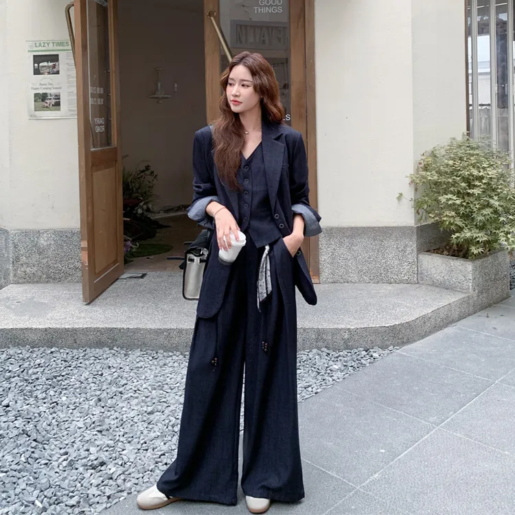 韩系通勤西装马甲阔腿裤套装2025春秋新款高级感气质轻熟风三件套
