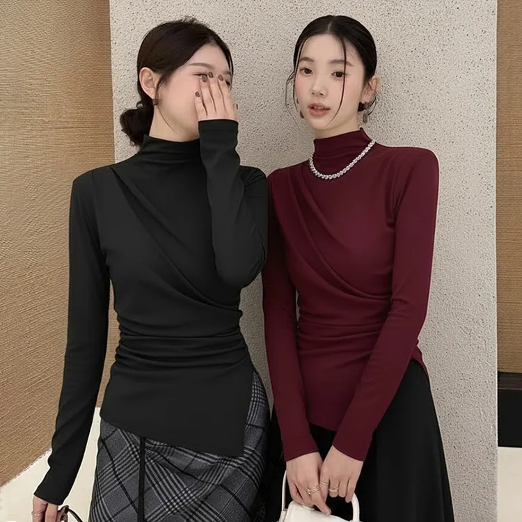 翰代维半高领磨毛加绒T恤女长袖秋冬修身内搭开叉百搭上衣53HT069