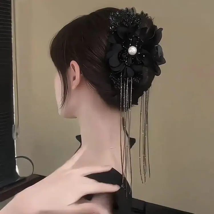唯美白月光花朵流苏抓夹高级感轻奢重工超仙气质百搭优雅鲨鱼夹女
