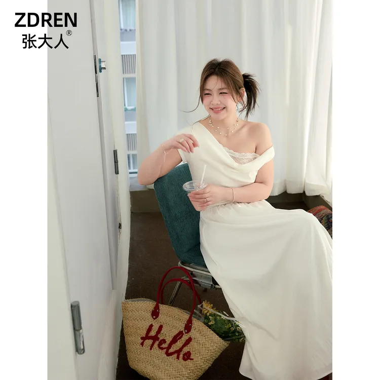 张大人【夏月漫步】微胖韩女温柔感露肩白纱雪纺连衣裙松弛感穿搭