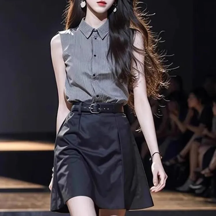 时尚轻熟风灰色POLO领无袖衬衫半身裙女夏季款洋气百搭好看套装