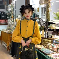 现货一生罗曼【柠檬树】法式复古加厚撞色花边气质衬衫Y4496