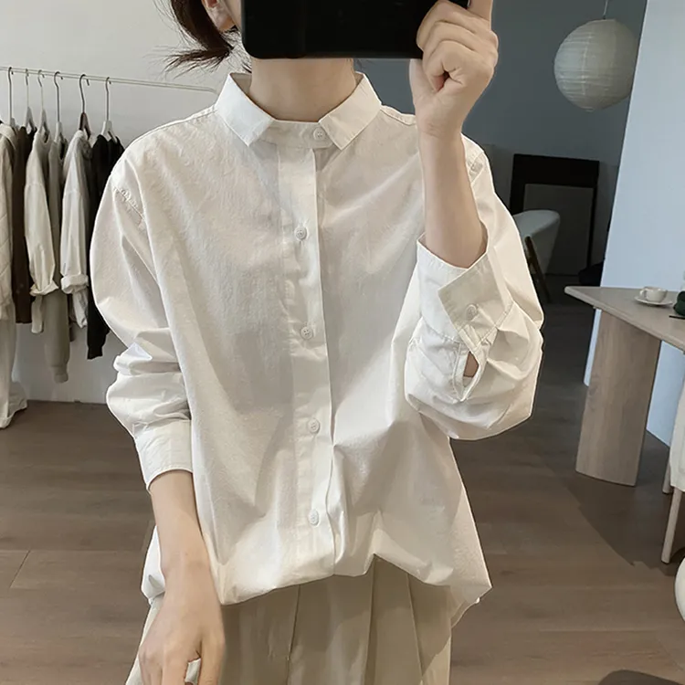 韩版纯棉Polo领衬衫女式早秋新款宽松显瘦减龄长袖基础款开衫上衣