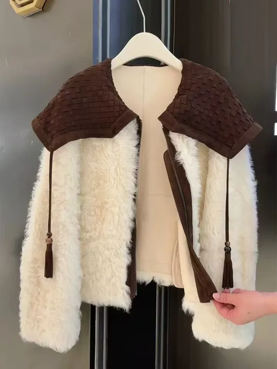 老钱小香风白色羊羔毛环保外套女25冬短款毛毛绒大衣