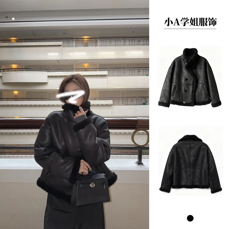 柏林&双面穿鹿皮毛毛外套女环保毛皮毛一体酷酷机车服冬季设计感