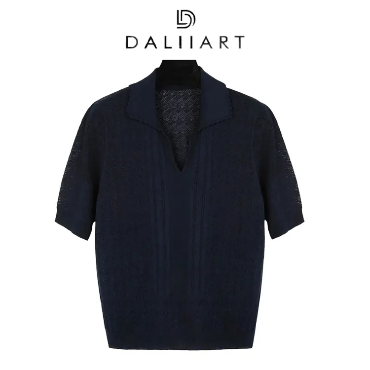 DALIART 夏日情书 艾草棉岛精18针机织钩花波浪纹针织衫DLTX0430