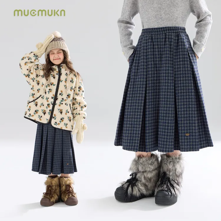 MUCMUKN 学院风毛呢格纹百褶腰裙藏青灰百搭女童冬新M54XQ5696