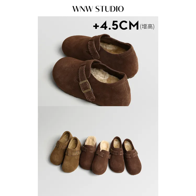 唯女王真皮羊毛厚底勃肯鞋女2025新款超火增高加绒全包一脚蹬单鞋