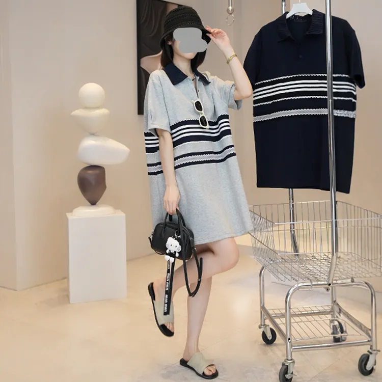 夏季新款韩货花边条纹显瘦短袖连衣裙时尚百搭洋气设计感裙子女