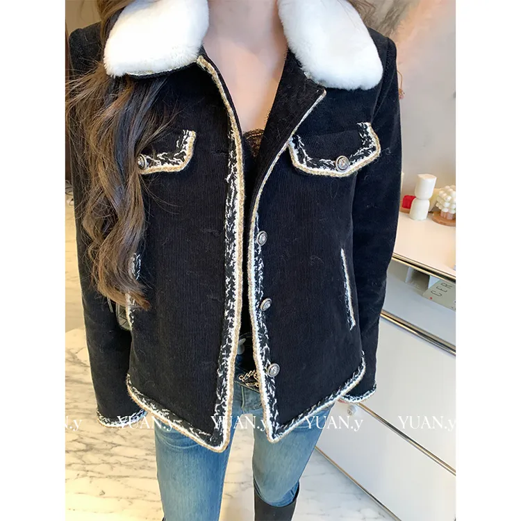 媛媛【漂亮的姐姐】黑色毛领小香风外套女秋冬宽松针织上衣#W0983