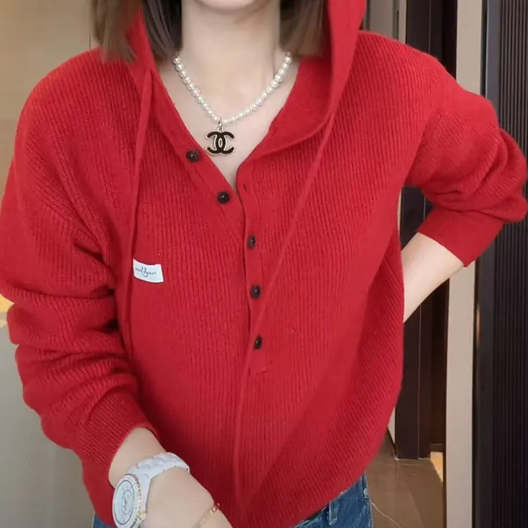 【云栖浅黛】时尚休闲百搭毛衣帽衫女2025秋季新款慵懒风连帽针织衫