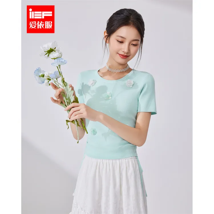 IEF/爱依服2025夏季新款小清新温柔淑女气质修身毛织上衣流光风
