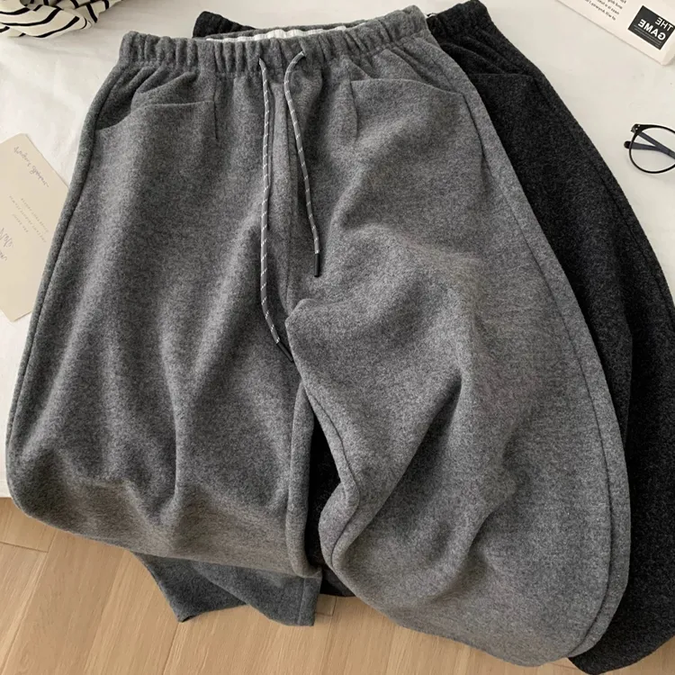 灰色垂感松紧毛呢阔腿裤女秋冬新款胖mm梨形身材宽松显瘦休闲裤子