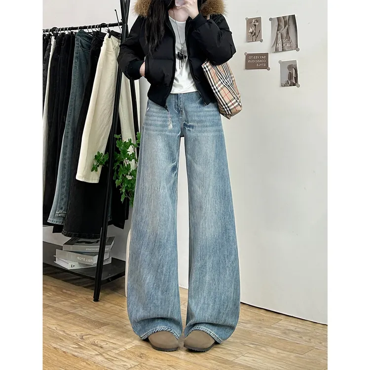 水洗蓝裂痕弯刀牛仔裤女秋冬加绒高腰梨形显瘦宽松阔腿垂感拖地裤