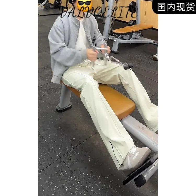 米白色斜切三防加绒软壳冲锋裤户外运动速干微喇裤子男直筒休闲裤