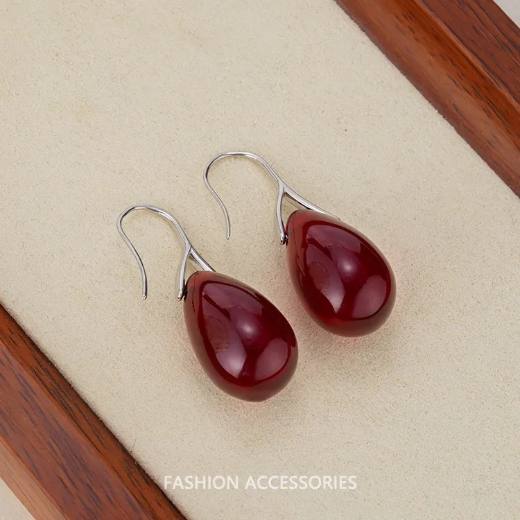 合金耳饰 2025年新款简约大气复古红色水滴耳环独特小众设计高级