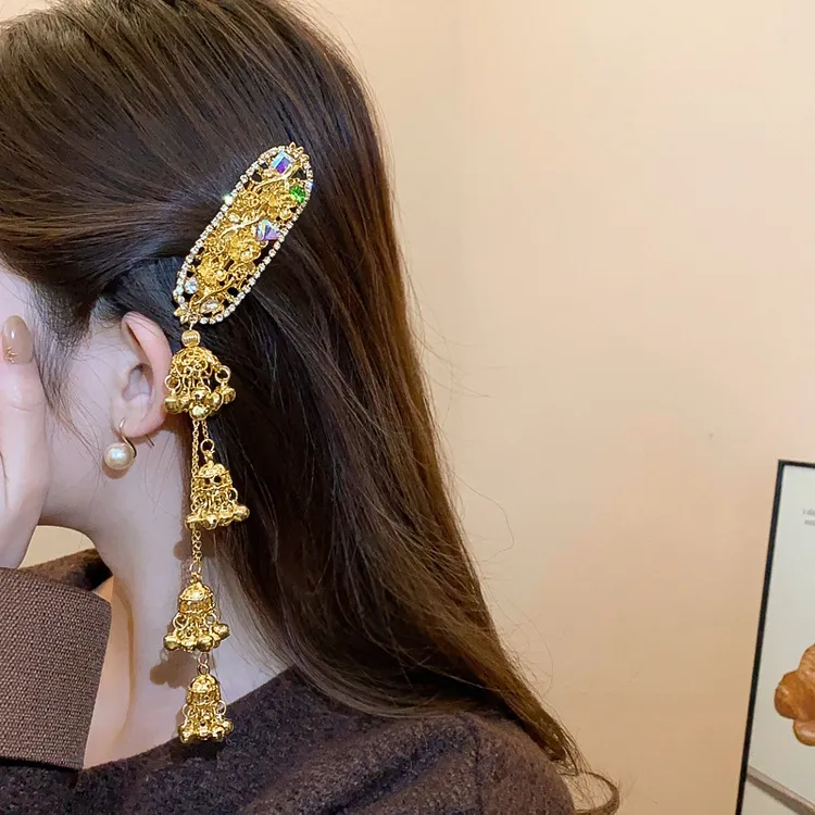 金色椭圆花朵铃铛流苏发夹民族骑车风轻奢气质防晒女式合金鸭嘴夹