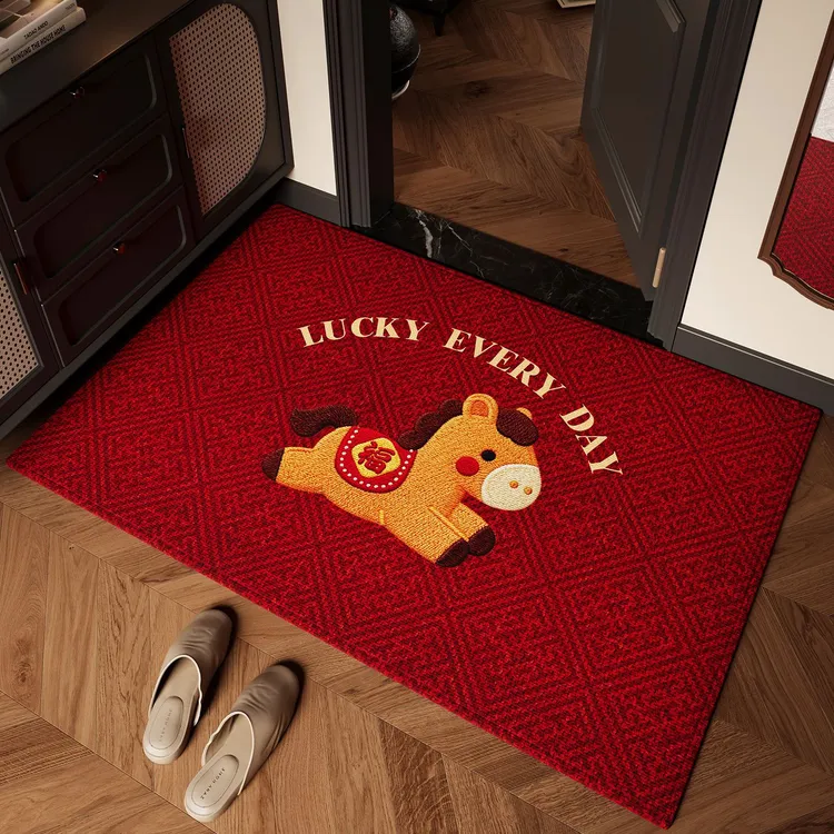 进门红色防滑2026入户门卡通马年地毯刺绣脚垫除尘地垫仿玄关新款