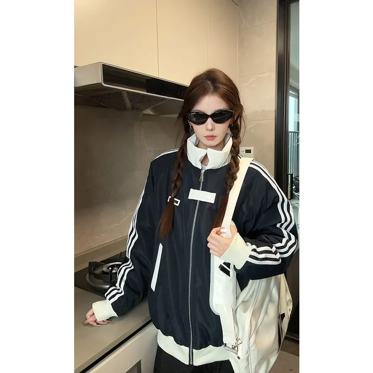 V37美式条纹运动棉服外套冬季休闲宽松情侣保暖韩版棉袄男女夹克