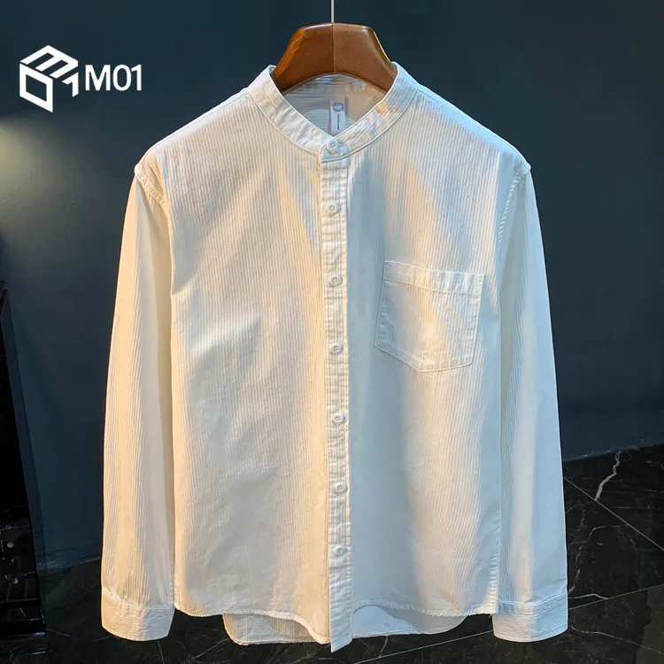 M01春秋季长袖衬衫男2025新款全棉竖纹纯色衬衣高端男装立领上衣