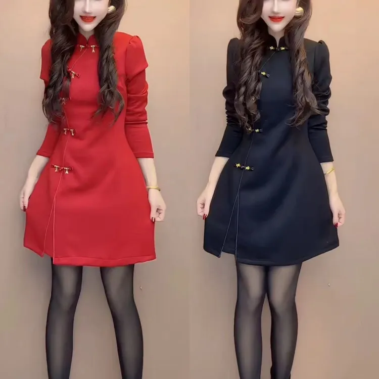 立领新中式连衣裙显瘦中长款韩版