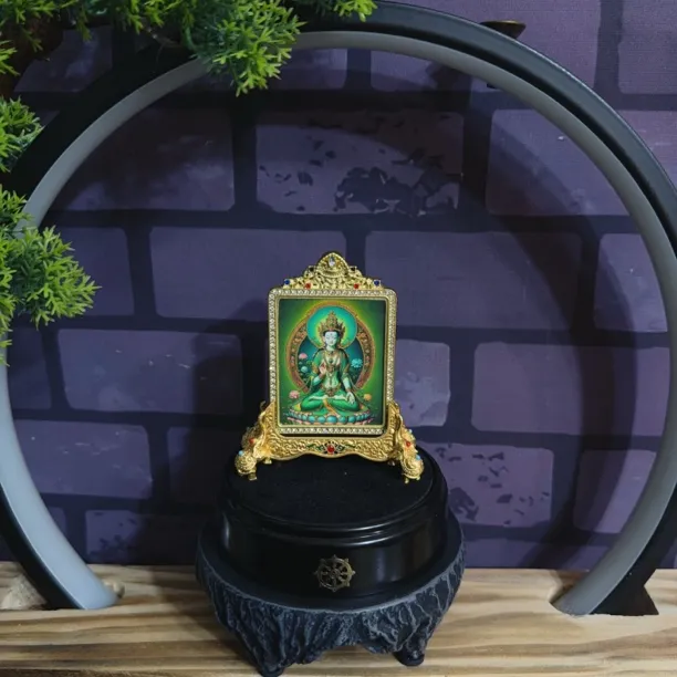 藏式手绘描金绿度母唐卡吊坠