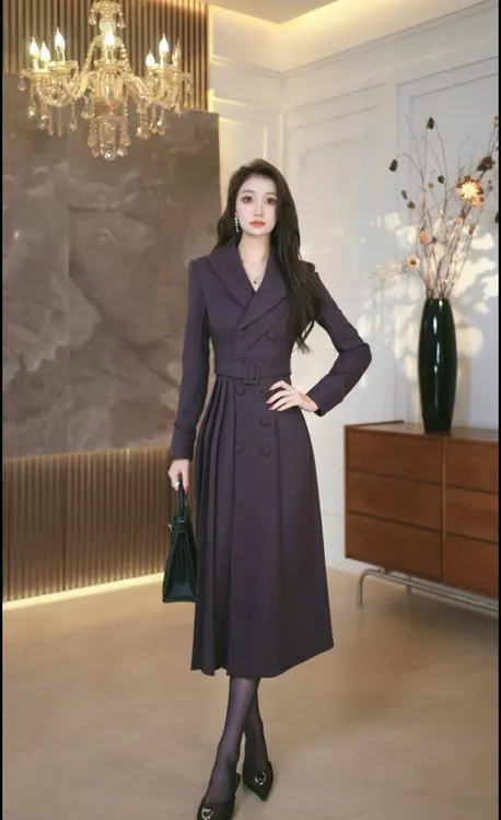 W371  【有里布，送腰带】秋季长袖西装领A字连衣裙女装修身双排扣