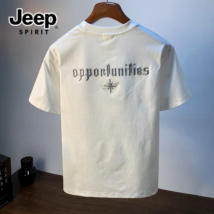 JEEPSPIRIT吉普高端绣花男士短袖T恤夏季薄款白色t恤衫透气男上衣