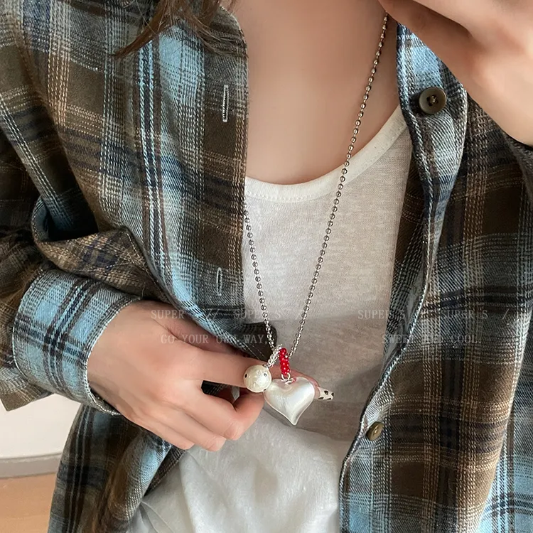 铜合金吊坠 银色波点爱心长款白珠项链秋冬ins风卫衣链配饰毛衣链