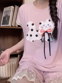 【卡通圆点猫咪】~新款短袖带胸垫可外穿时尚家居服套装~5587