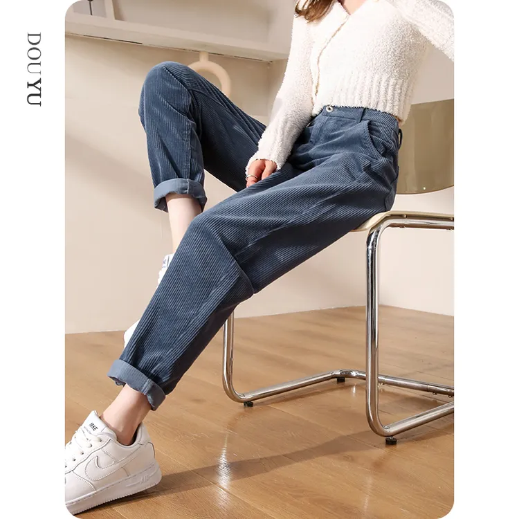 蓝色灯芯绒九分裤子女春秋2025新款休闲萝卜裤宽松显瘦条绒哈伦裤
