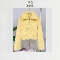 秋冬季气质时尚加厚黄色卷毛短款蓬松毛绒感针织开衫 0164