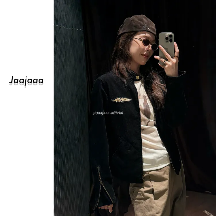 Jaajaaa艳阳下的黑珍珠  复古立领工装时尚休闲宽松夹克外套/FEDA