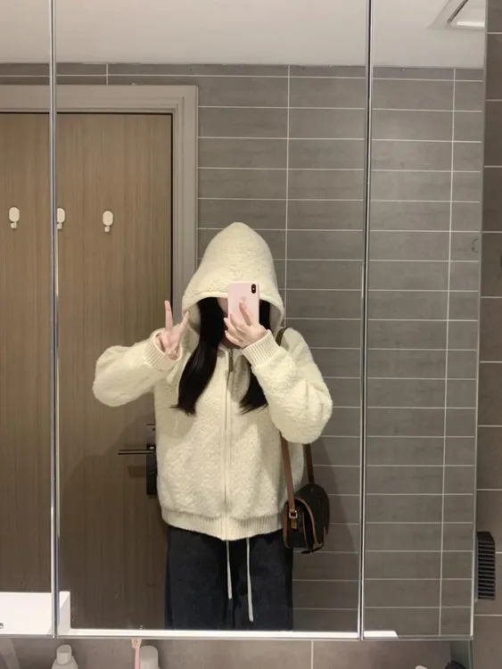 慵懒风连帽冬季纯色常规袖毛针织衫开衫保暖