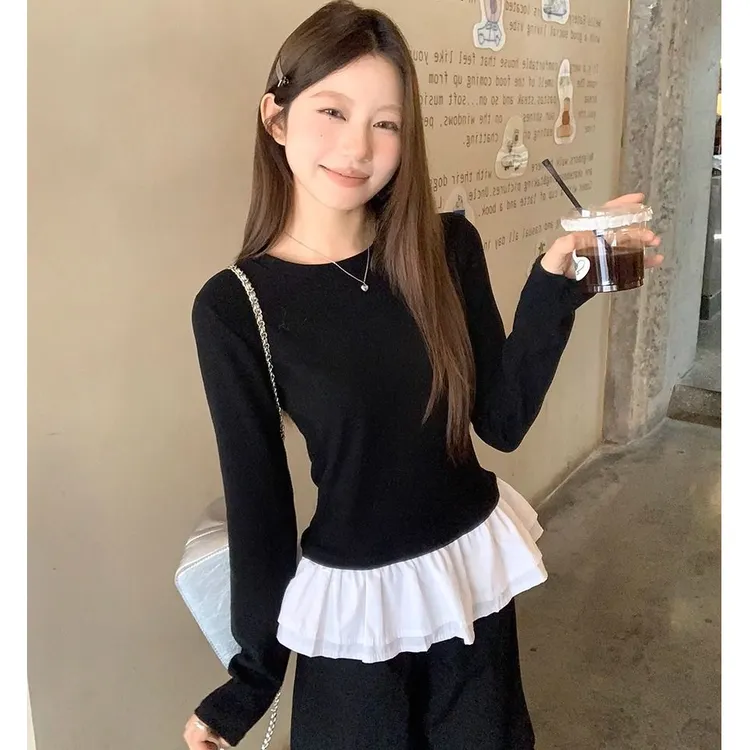 芭蕾风花边黑色内搭打底衫女秋冬新款加绒修身圆领长袖t恤上衣