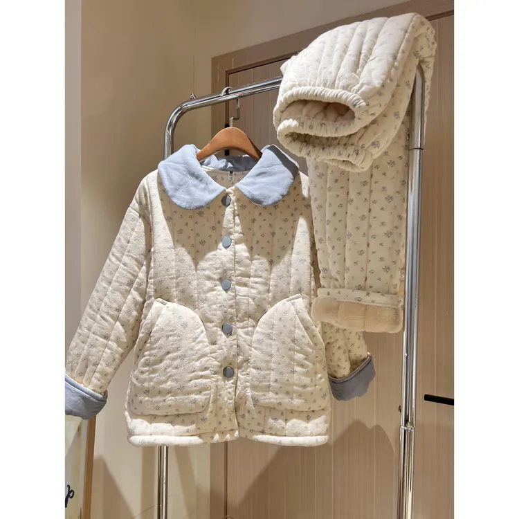 法式温柔少女碎花三层夹棉睡衣女新款棉服加厚家居服套装可外穿