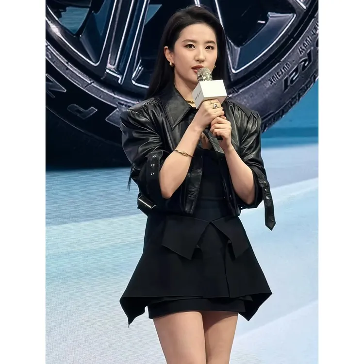 【秋装新款】刘亦菲明星同款黑色翻领长袖PU皮衣短款外套黑色高腰连