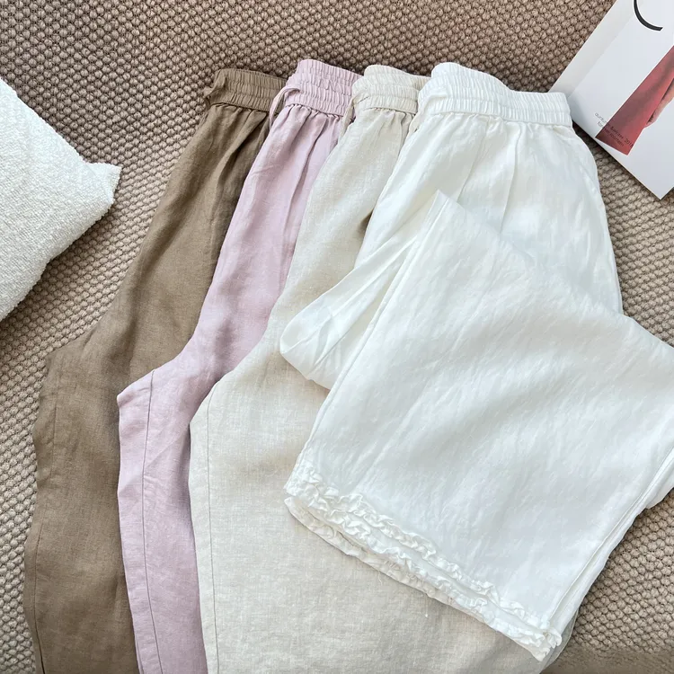 素心轻奢 2025春夏新款松紧腰文艺休闲阔腿宽松直筒花边亚麻裤