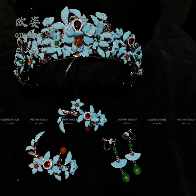 小众高级感新中式旗袍发饰蓝色时尚复古风头饰新娘配饰国风12914