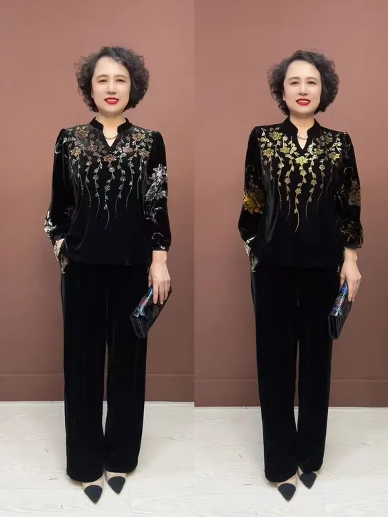 H-高贵妈妈丝绒烫钻上衣秋季新款大码遮肉显瘦刺绣阔腿裤两件套