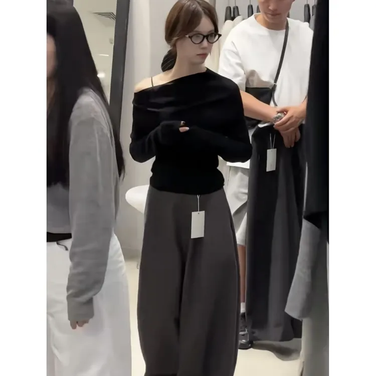 M0218韩系设计感2025秋新温柔显瘦柔软亲肤针织衫斜肩打底衫百搭