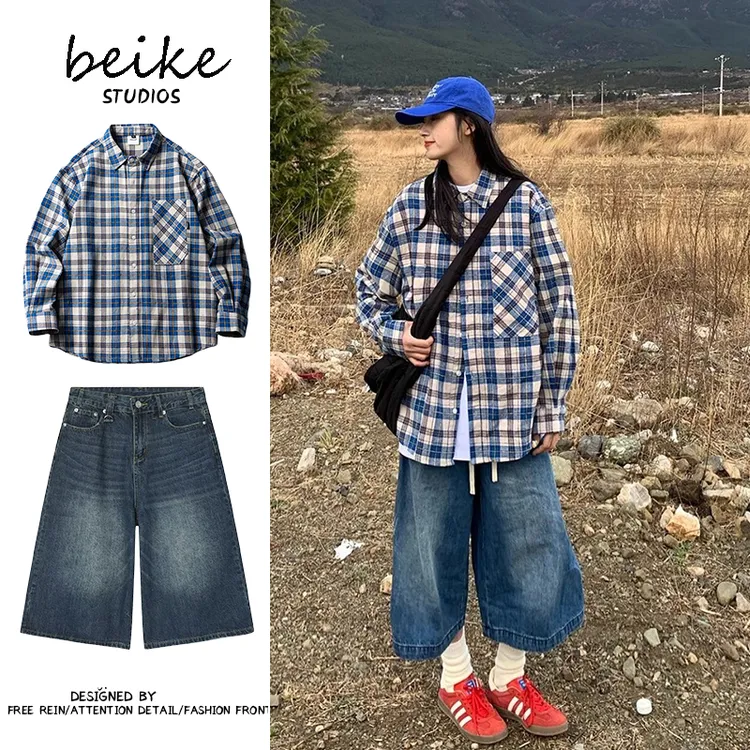 两件装/单件日系复古蓝格子衬衫男女生情侣休闲春秋格纹衬衣套装