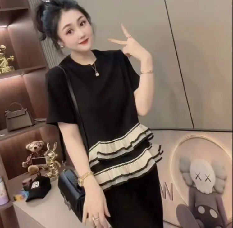 PDM-1968短袖t恤女夏2025新款洋气撞色双层花边拼接设计感上衣