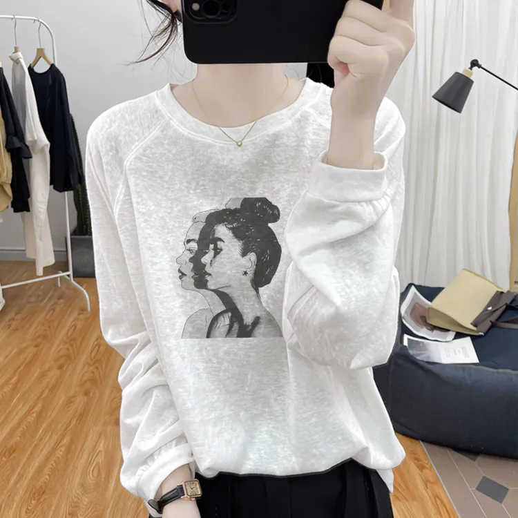 薄款早秋插肩袖雪花棉长袖白色T恤女休闲显瘦宽松百搭上衣打底衫