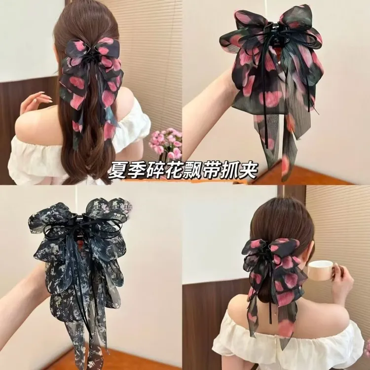 法式浪漫玫瑰花语马尾夹抓夹气质优雅碎花飘带后脑勺盘发夹发饰女